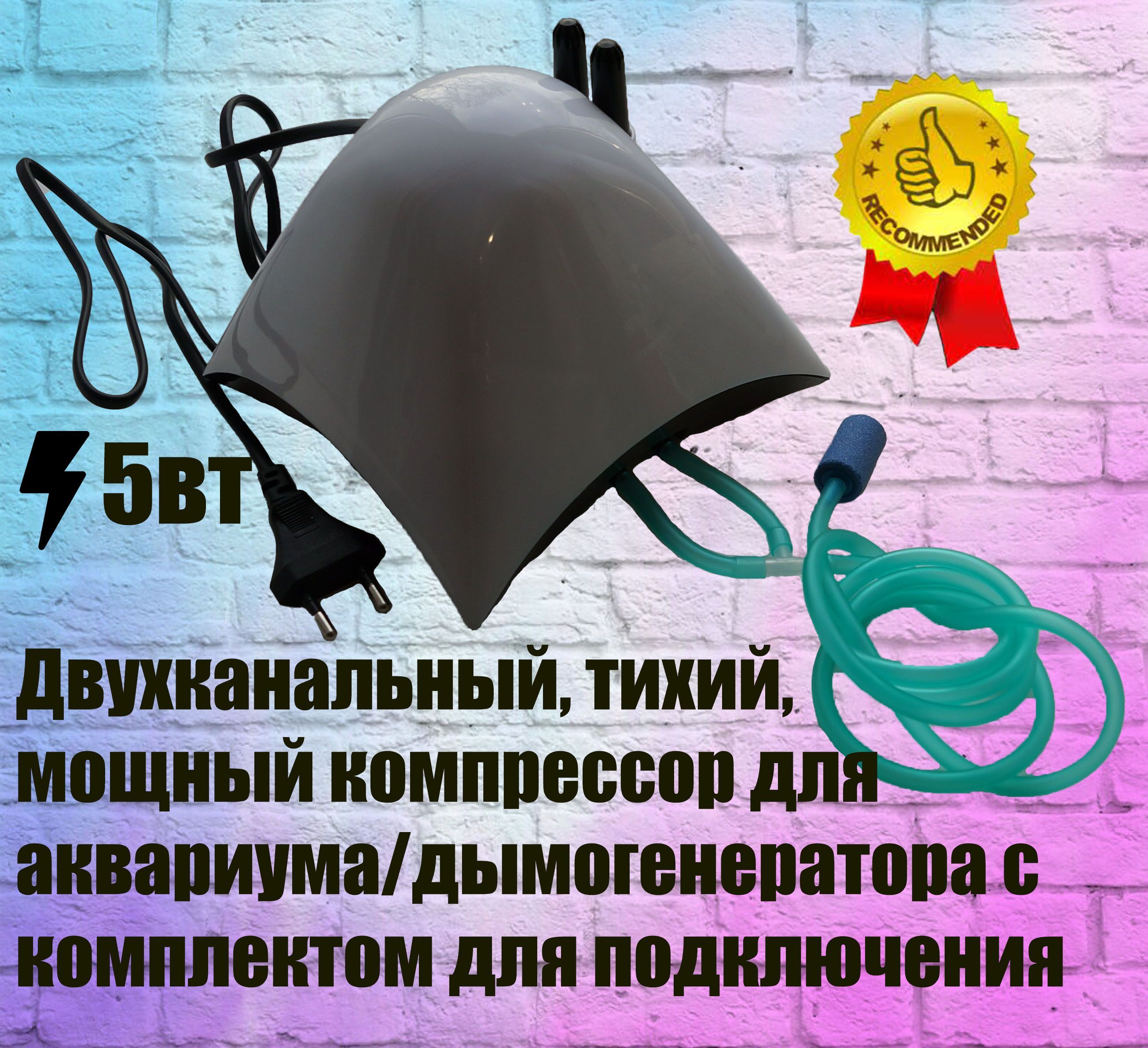 Компрессор для аквариума, коптильни, дымогенератора двухканальный с комплектом для подключения.